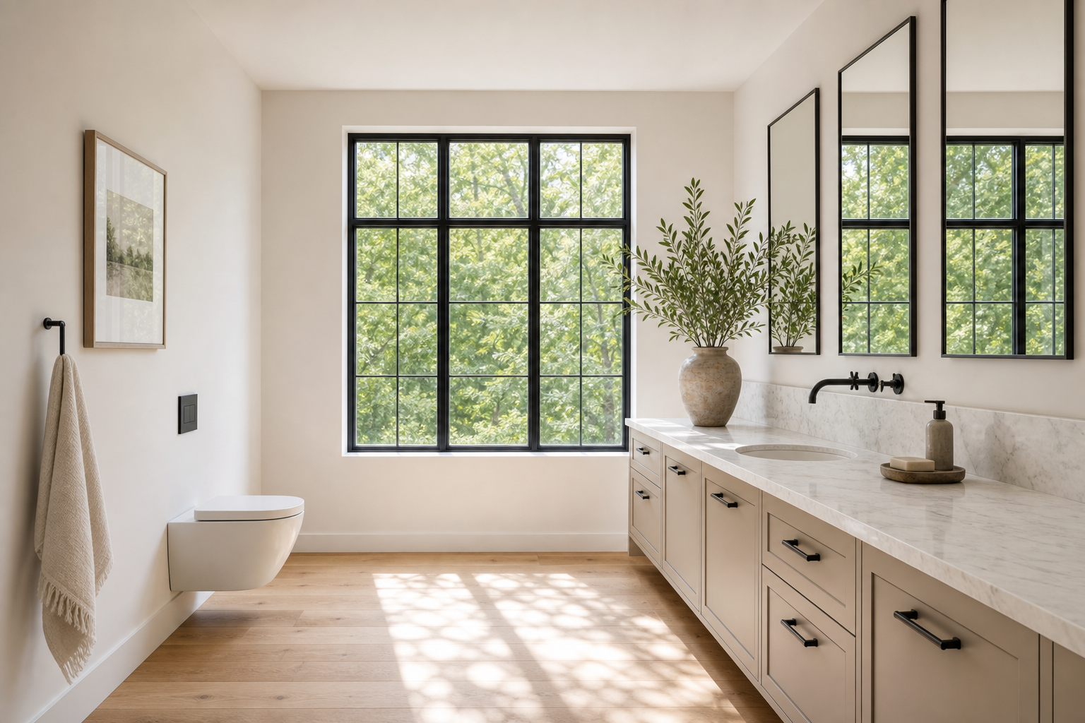 Sun-drenched primary bathroom with greige shaker vanity, white marble counters, matte black fixtures, black grid windows, wide-plank oak floors, and organic greenery matching the farmhouse kitchen in Darien