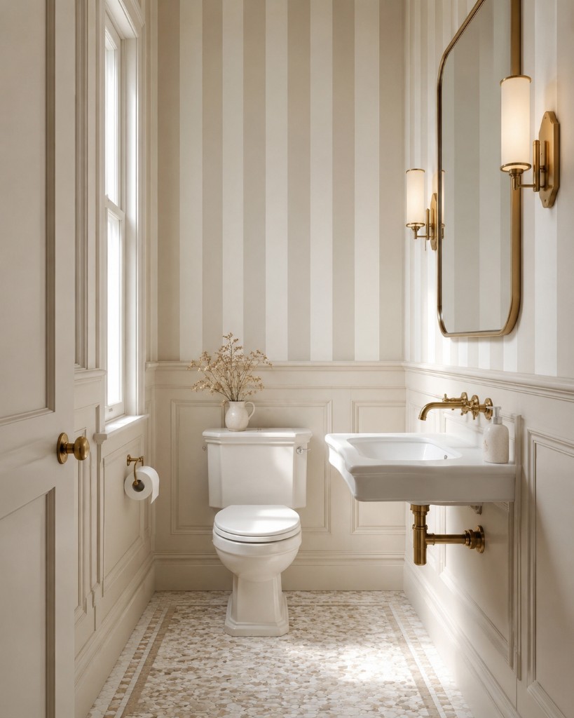Powder room with cream striped wallpaper, raised-panel wainscoting, pebble mosaic floor, wall-mounted sink, and antique brass fixtures in Greenwich