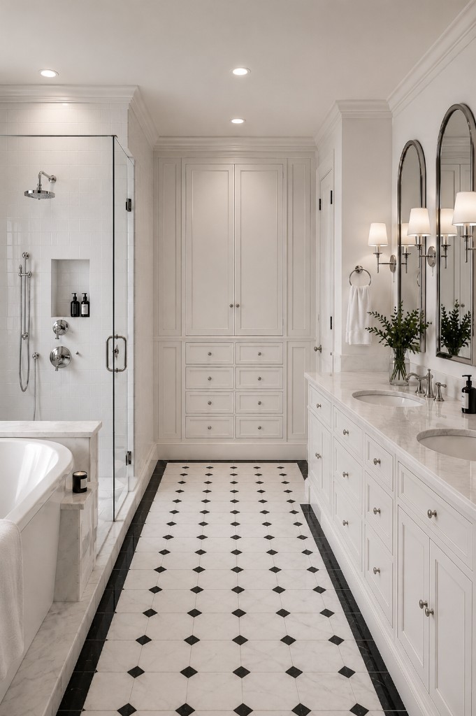 Primary bathroom with double vanity, marble counters, and glass shower in Norwalk