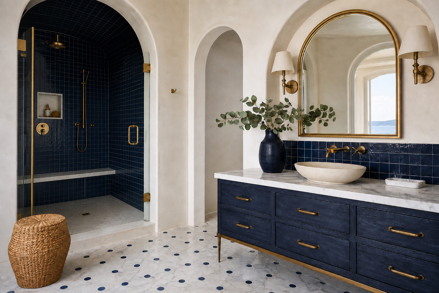 Mediterranean primary bathroom with arched shower alcove, navy square tile, white marble bench and dot-inlay floor, navy wood vanity with brass fixtures, arched gold-framed mirror, and cream plaster walls in Greenwich