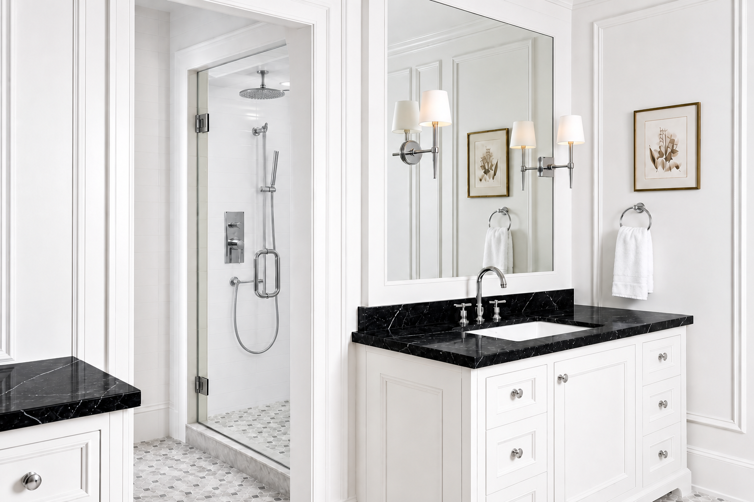 Primary bathroom with black marble vanity, chrome fixtures, walk-in shower with ceiling rainfall head, thermostatic valve, and handheld on slide bar, and soft natural daylight in Westport