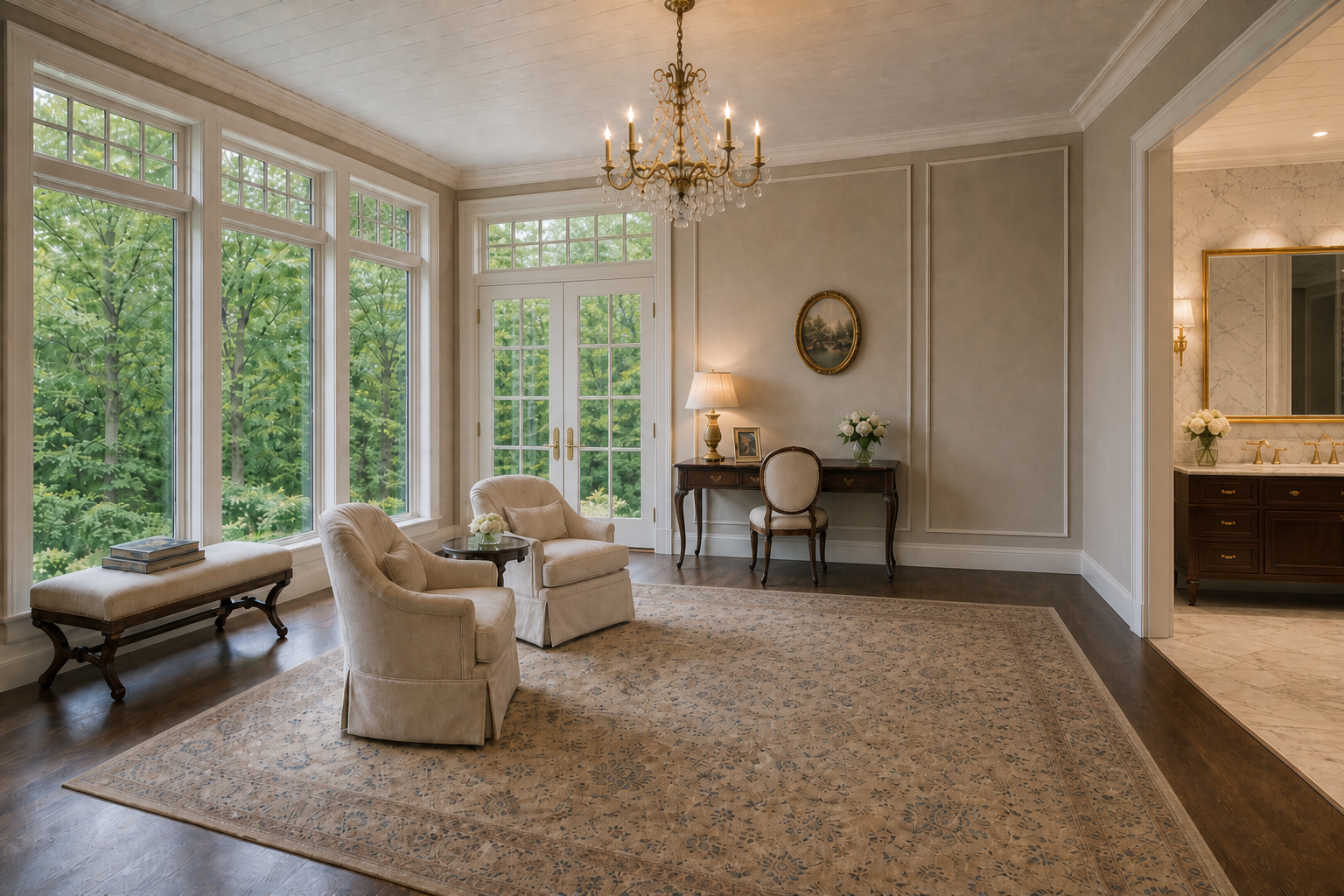 Junior suite lounge with wide double French doors to the garden, open ensuite beyond, center seating, writing desk, window bench, and brass crystal chandelier in Weston
