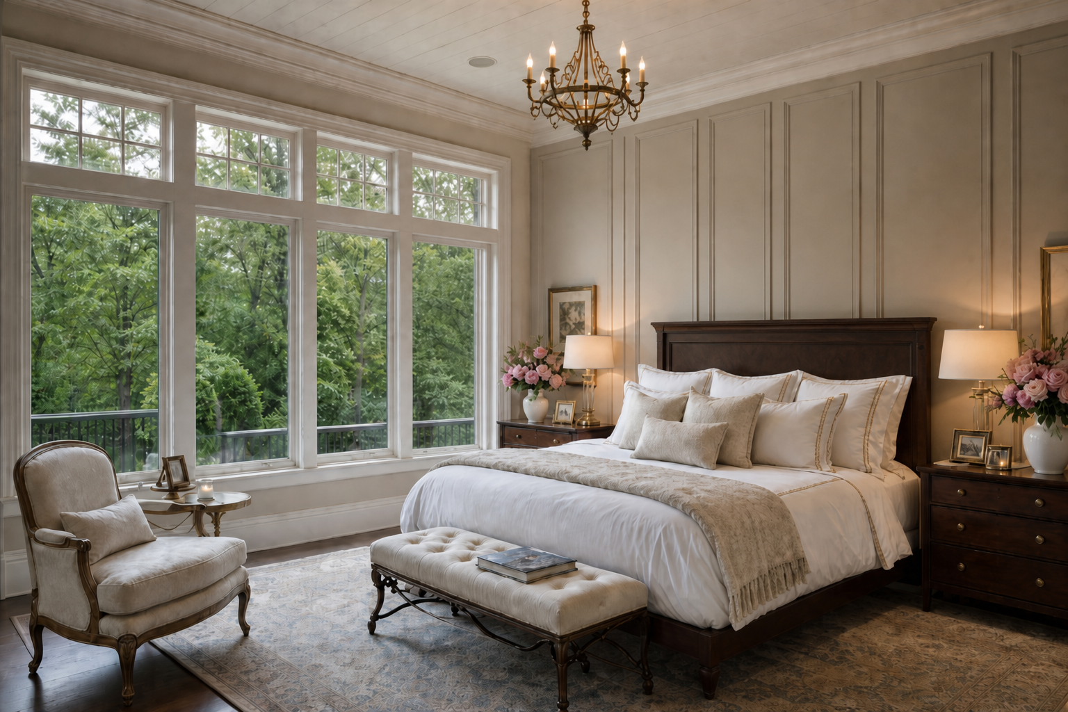 Primary bedroom with taupe wainscoting, simple dark wood panel headboard, bronze chandelier, dark wood nightstands, tufted bench, Persian rug, and woodland windows in Weston