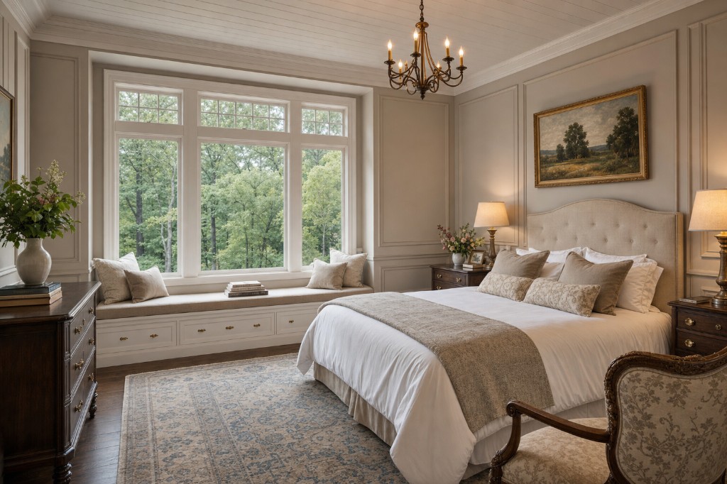 Guest bedroom with built-in window seat, tufted queen bed, taupe wainscoting, and Persian area rug in Weston