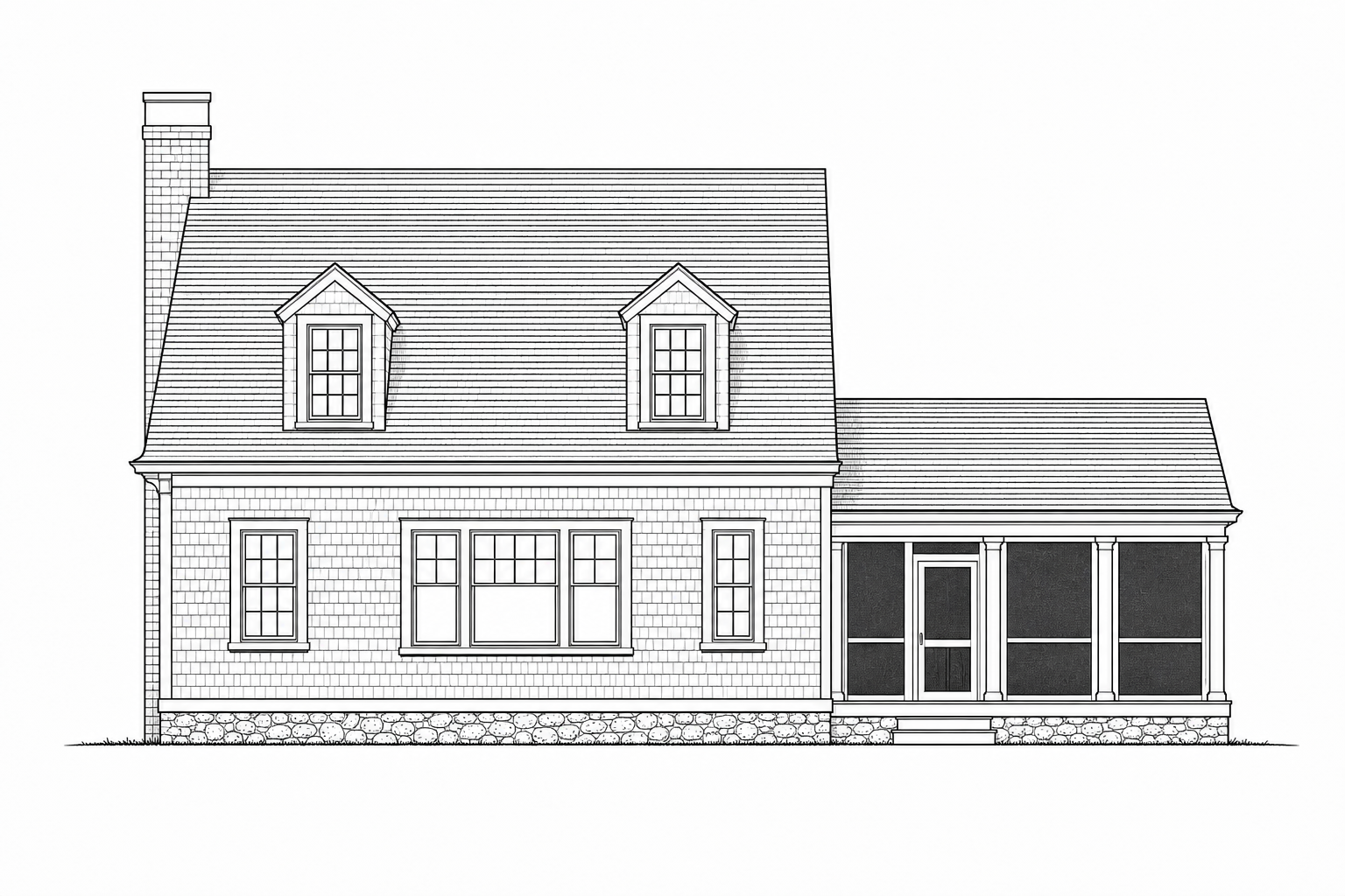 Ink side elevation of a Cape Cod residence with gable roof, shed dormers, screened porch, and stone foundation in Norwalk