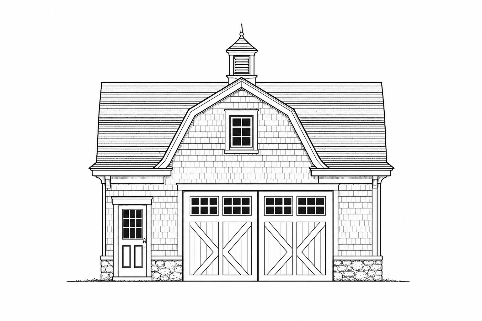 Ink elevation of a carriage house with barn doors, cupola, and stone base in Greenwich