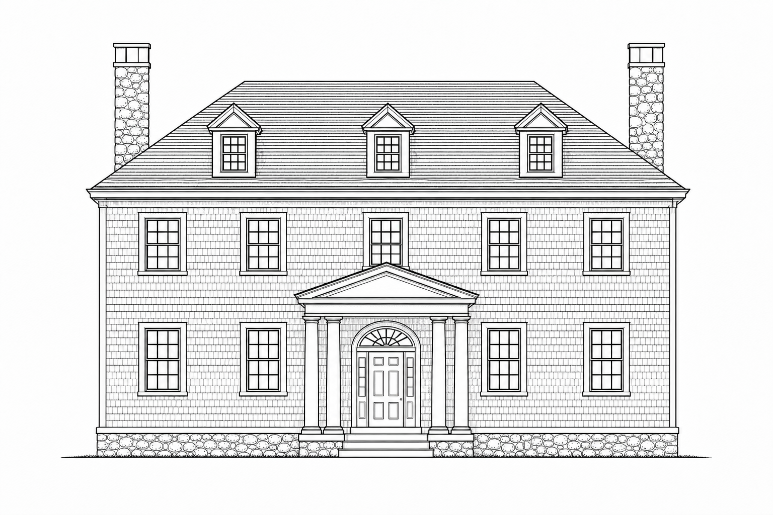 Ink front elevation of a Colonial Revival residence with pedimented portico, fanlight, dormers, and fieldstone foundation in Stamford