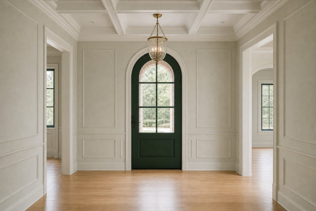 Empty transitional entry foyer, eye-level view facing arched forest green front door, warm greige walls with white box molding, coffered ceiling, and brass lantern in Darien