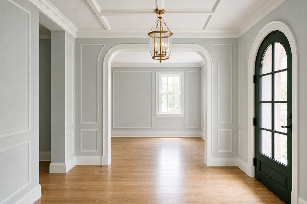 Empty entry foyer at eye level, misty blue-gray walls with white molding, central arch to sunlit room, arched hunter green glass door, brass lantern in New Canaan