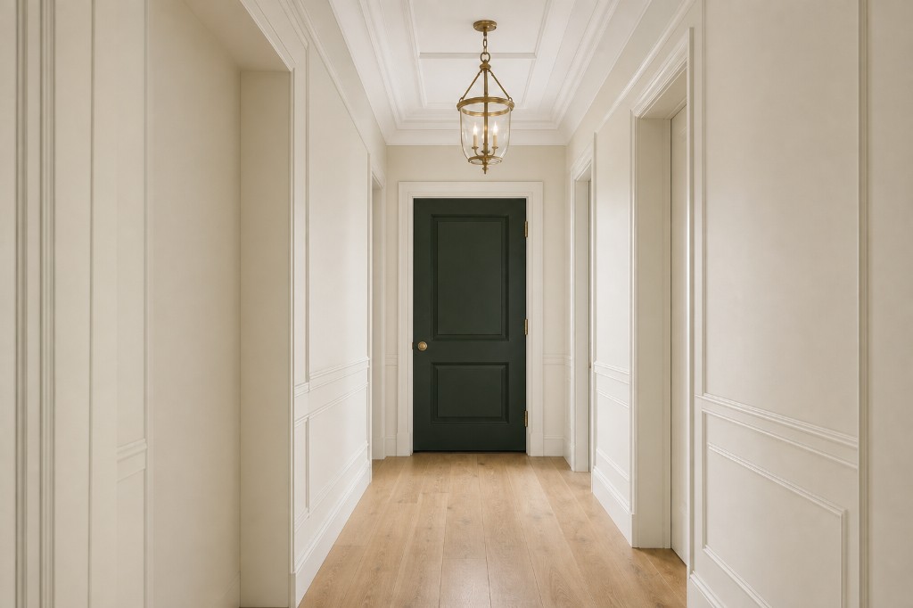 Empty narrow entry hall, eye-level straight view down hall to forest green door, warm ivory walls with wainscoting, bare oak floor, brass lantern in Fairfield