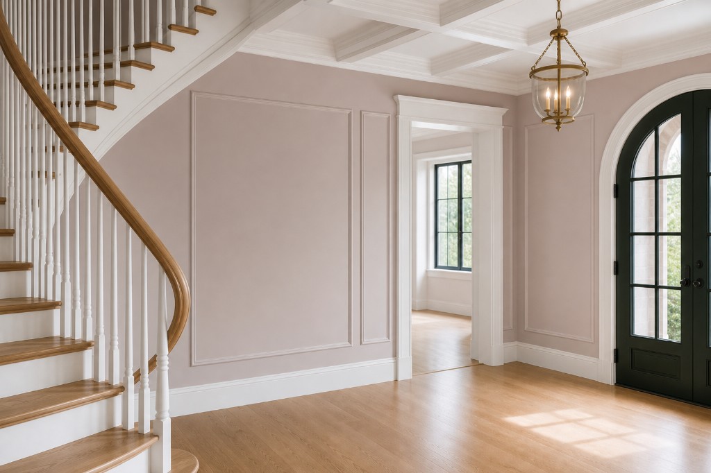 Empty transitional foyer with curved staircase, dusty blush walls, white molding, black arched entry doors, eye-level view, brass lantern in New Canaan