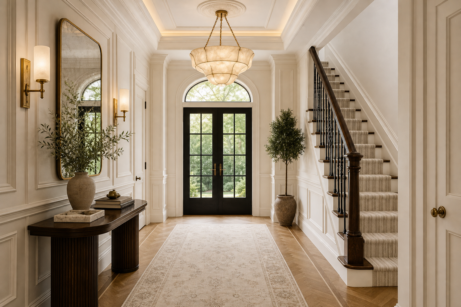 Luxury entry hall with coffered ceiling, wall paneling, brass chandelier, walnut console and mirror, hand-knotted runner, and arched French doors to the garden in Stamford