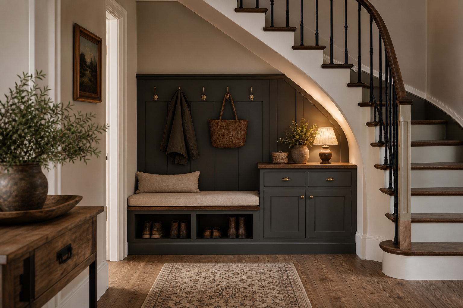 Traditional entry hall with U-shaped staircase, charcoal gray-green under-stair mudroom built-in with linen bench, brass coat hooks, shoe cubbies, dark wood treads, wrought iron balusters, and wide-plank oak floor in Weston