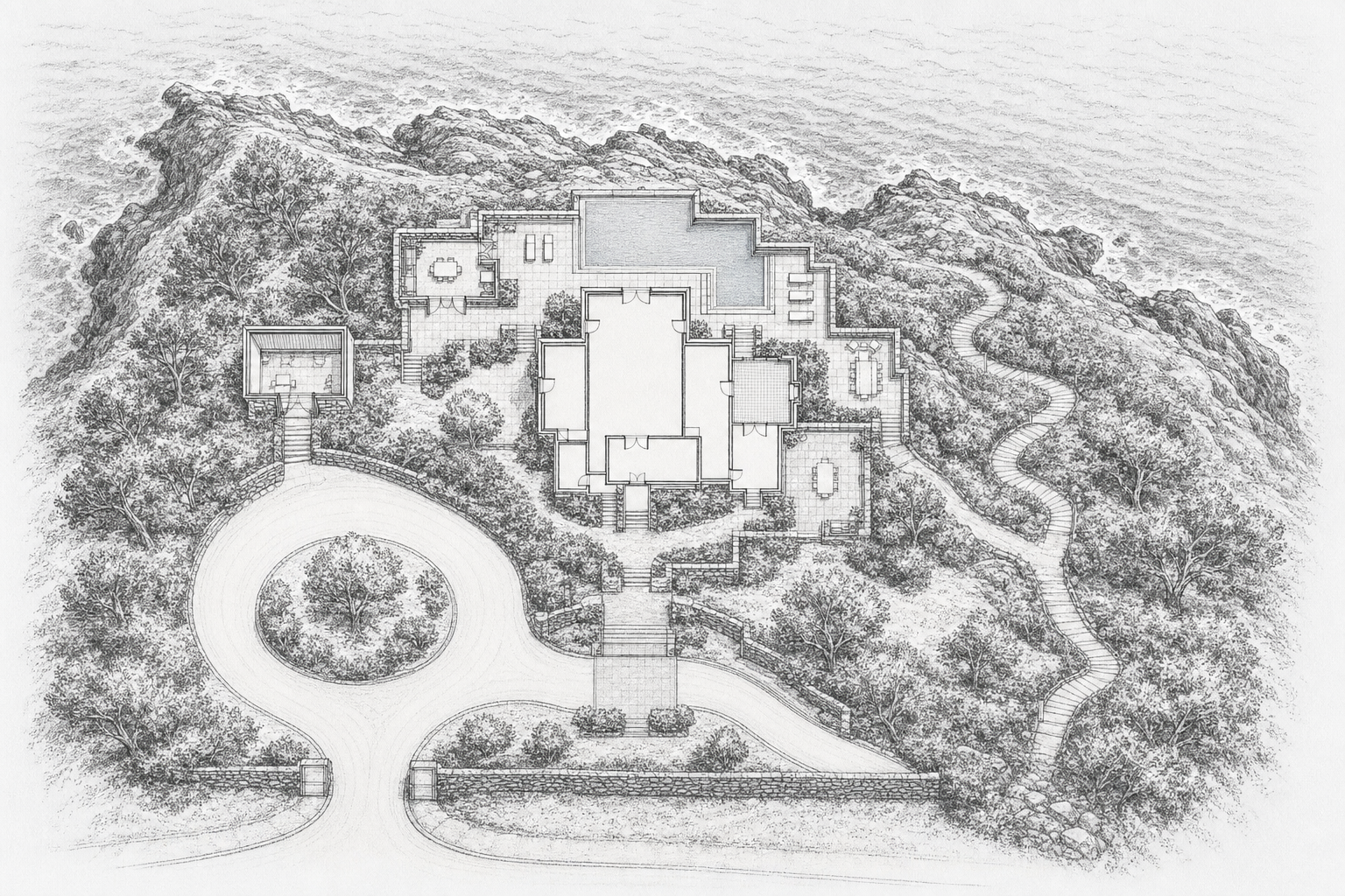 Hand-drawn site plan of a coastal cliff estate with infinity pool terrace, pool pavilion, stone walls, and circular drive in Greenwich