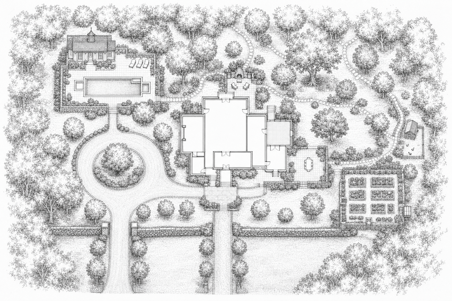 Hand-drawn site plan of a woodland estate with carriage house, pool terrace, potager garden, and stone entry walls in Wilton