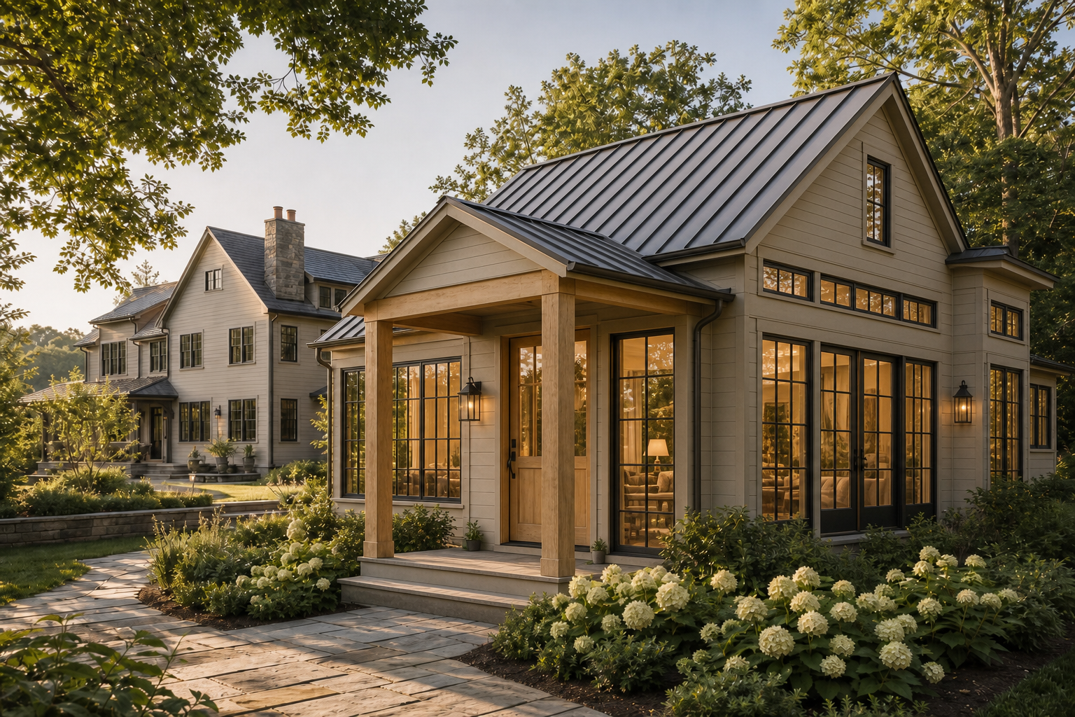 Expanded greige garden guesthouse with charcoal metal roof, black-framed picture windows and French doors opening to hydrangea borders, wood-post porch, bluestone path, and main farmhouse in Darien