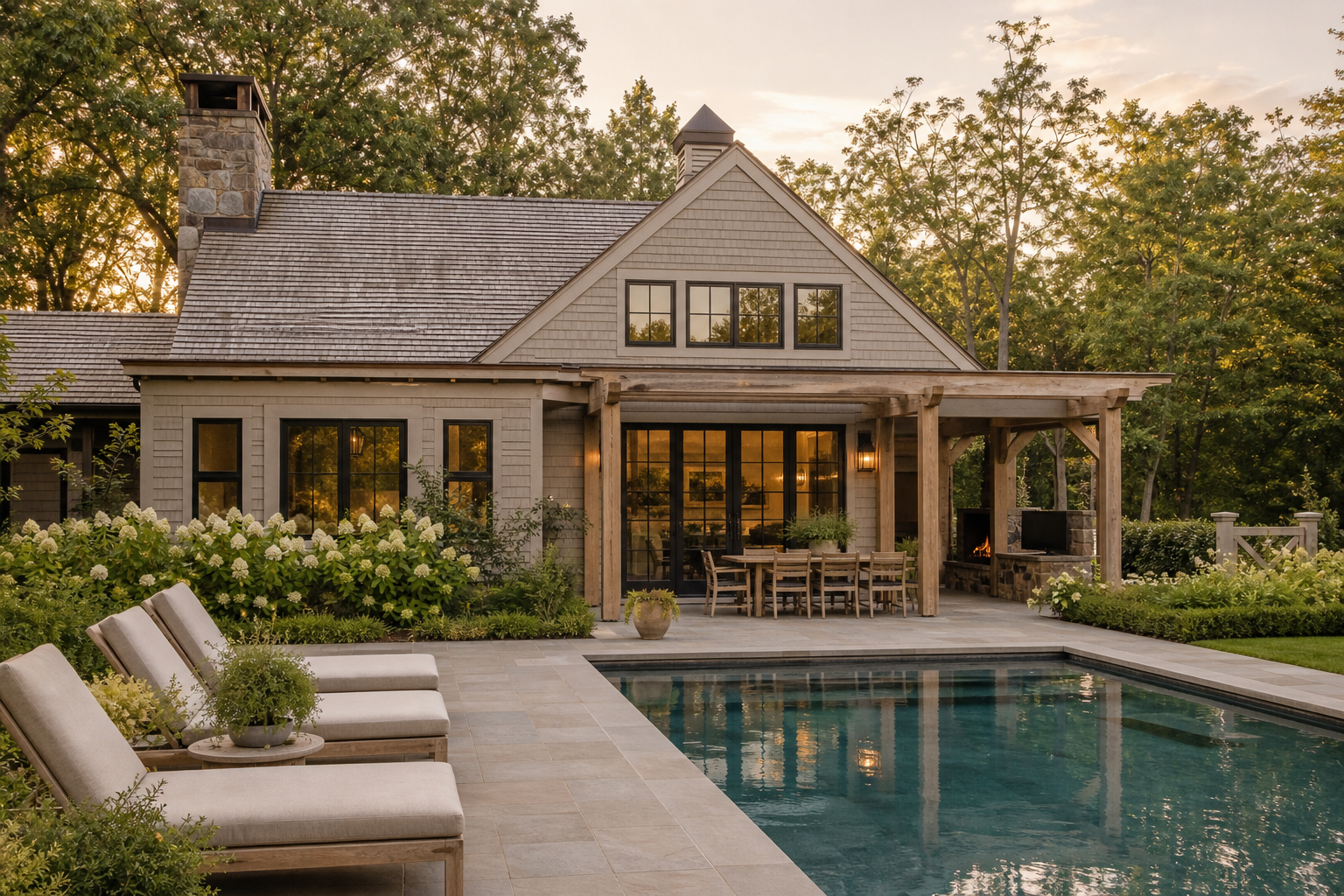 Greige modern farmhouse pool house with black-framed windows, bluestone terrace, rectangular pool, pergola, hydrangeas, and wooded estate setting at golden hour in Darien