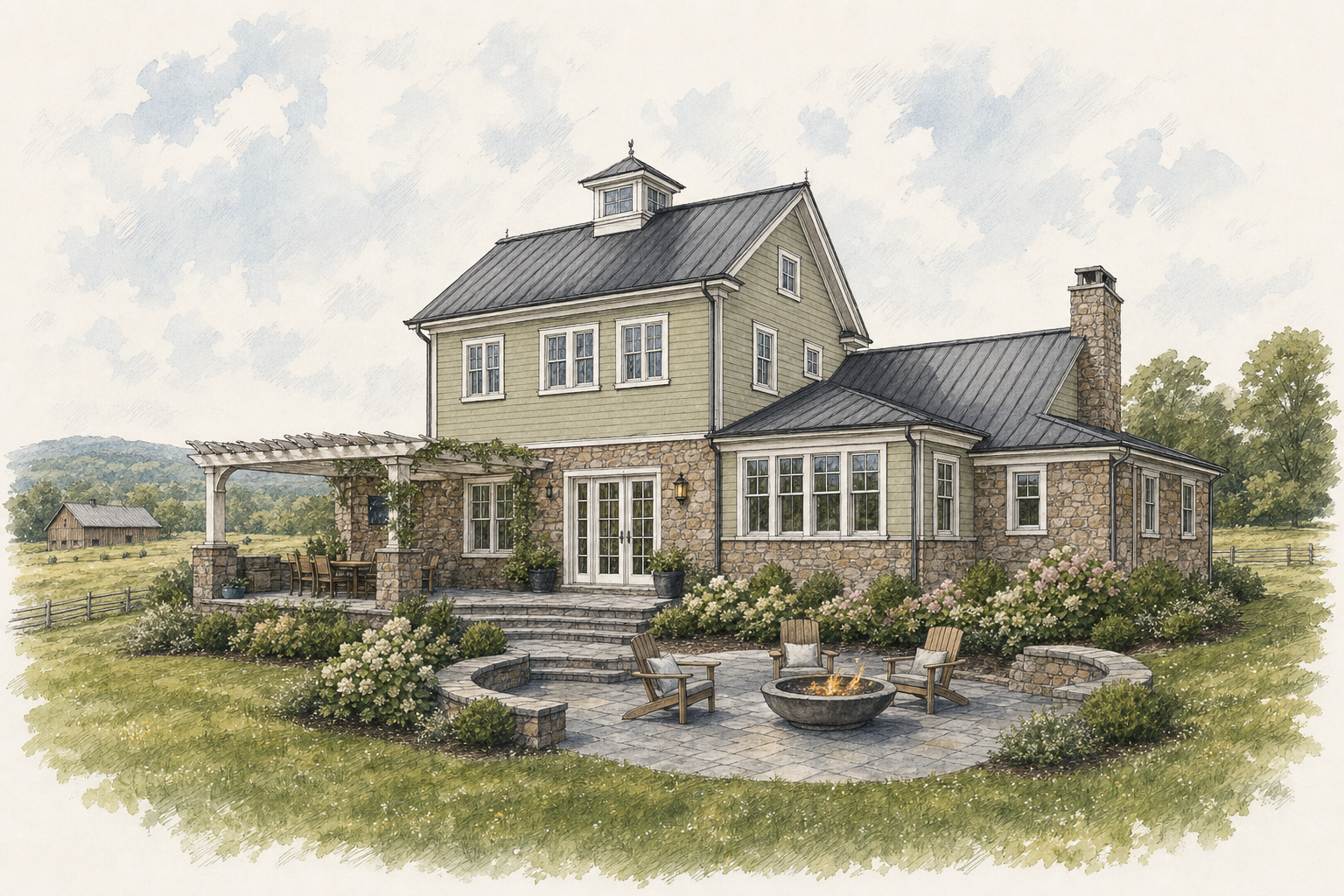 Watercolor concept study of a modern farmhouse rear elevation with fieldstone, sage siding, and outdoor terrace in Wilton