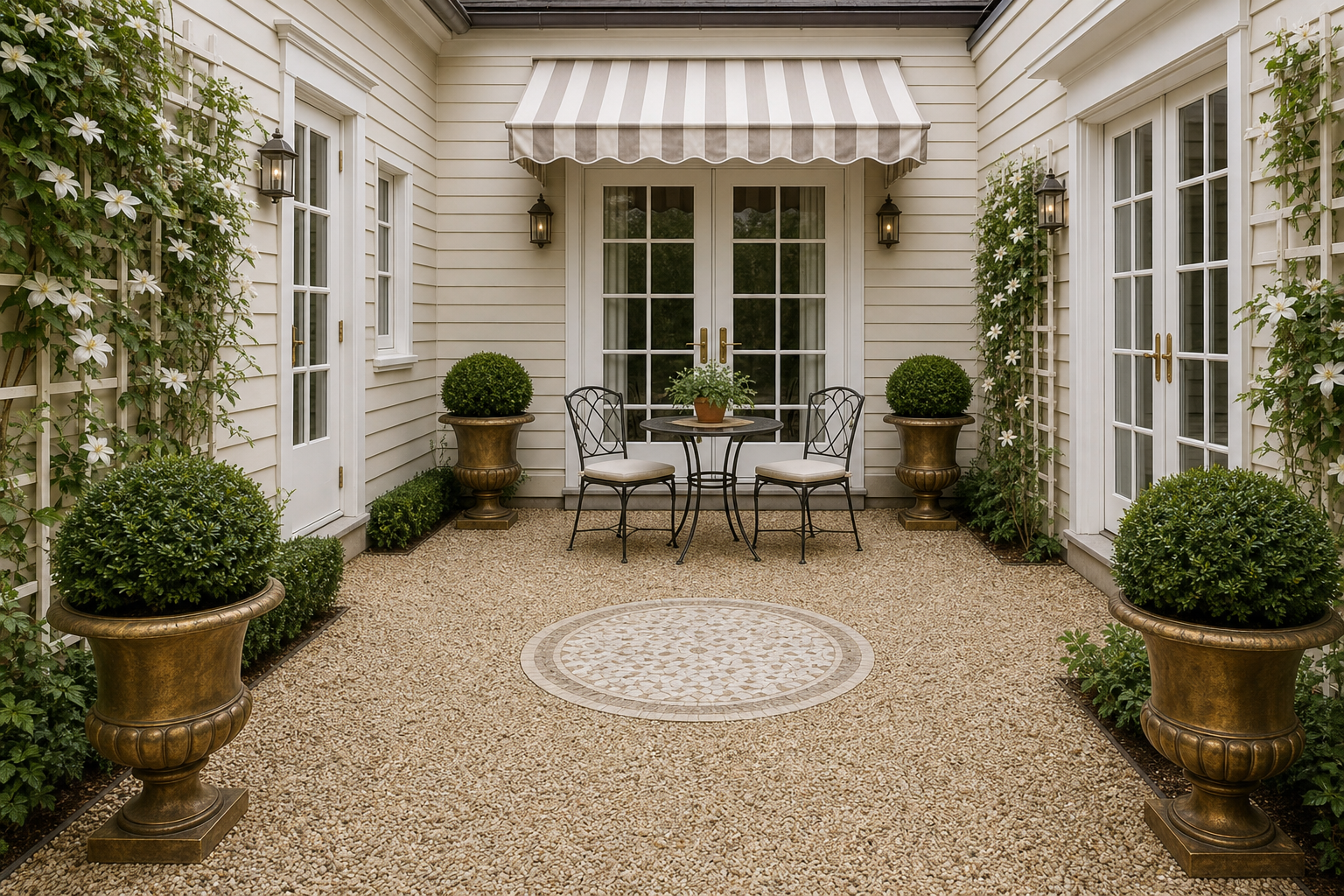 Intimate rear gravel courtyard enclosed by cream clapboard wings, striped cream-and-taupe awning, brass urn topiaries, pebble mosaic center feature, and wrought-iron bistro set in Greenwich