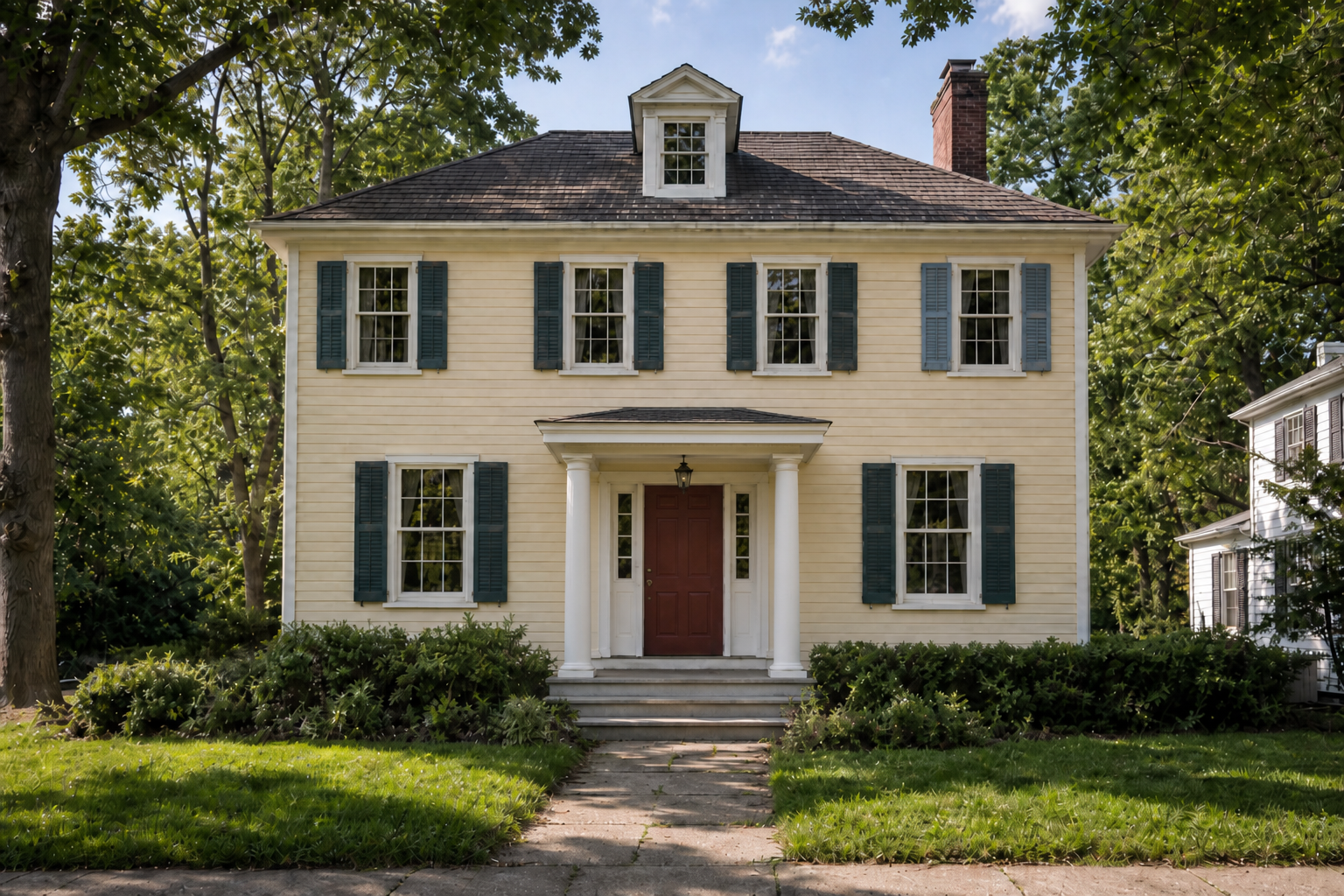 Pale yellow colonial farmhouse front elevation before renovation, with weathered clapboard siding, small columned entry portico, burgundy front door, dark green shutters, and mature tree-lined lawn in Greenwich