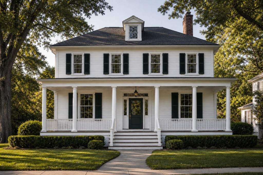 White colonial farmhouse front elevation after renovation with crisp white clapboard, full-width columned front porch, dark green shutters and entry door, refined foundation planting, and brick chimney in Greenwich