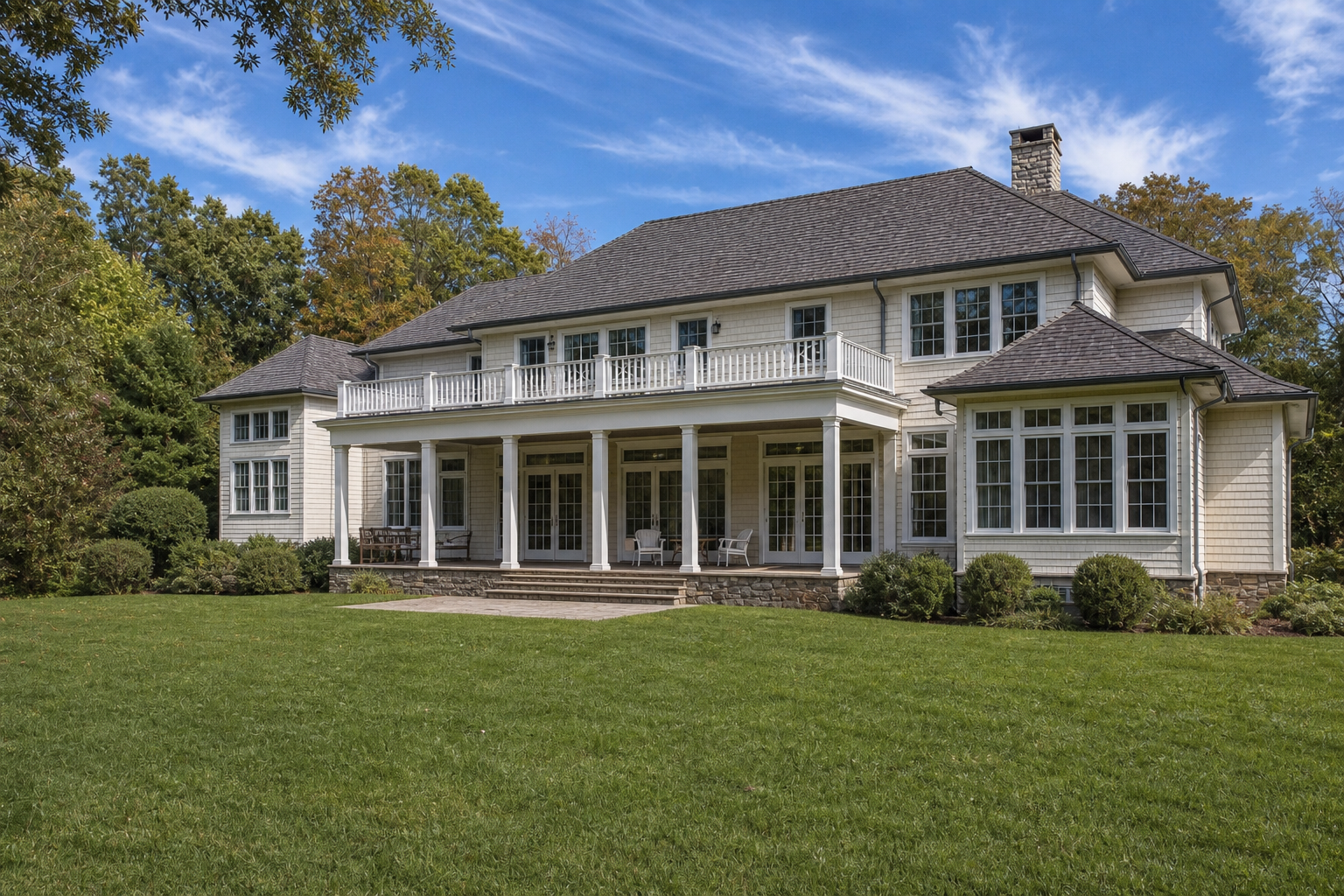 Colonial Revival estate rear elevation before renovation, with shingle siding, covered porch with white columns, second-floor balcony, stone foundation, and manicured lawn in Greenwich