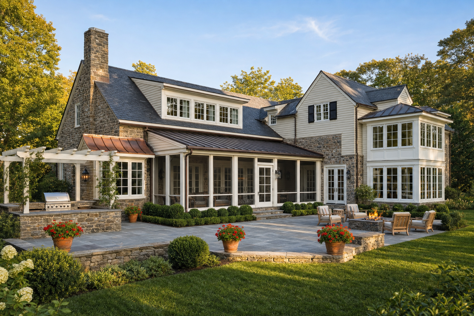Fieldstone estate rear elevation with screened porch addition, outdoor kitchen pergola, fire pit terrace, and boxwood hedges in Greenwich