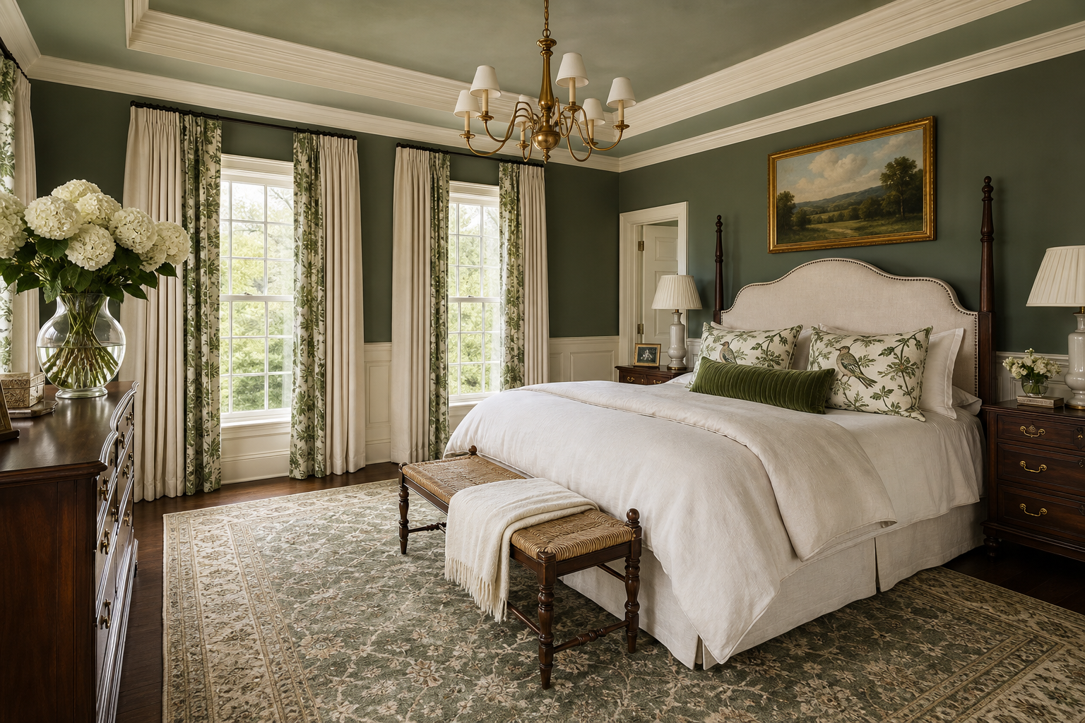 Primary bedroom with hunter-green walls, cream box wainscoting, camelback headboard, chinoiserie bedding, brass chandelier, walnut furniture, and white hydrangeas in Greenwich