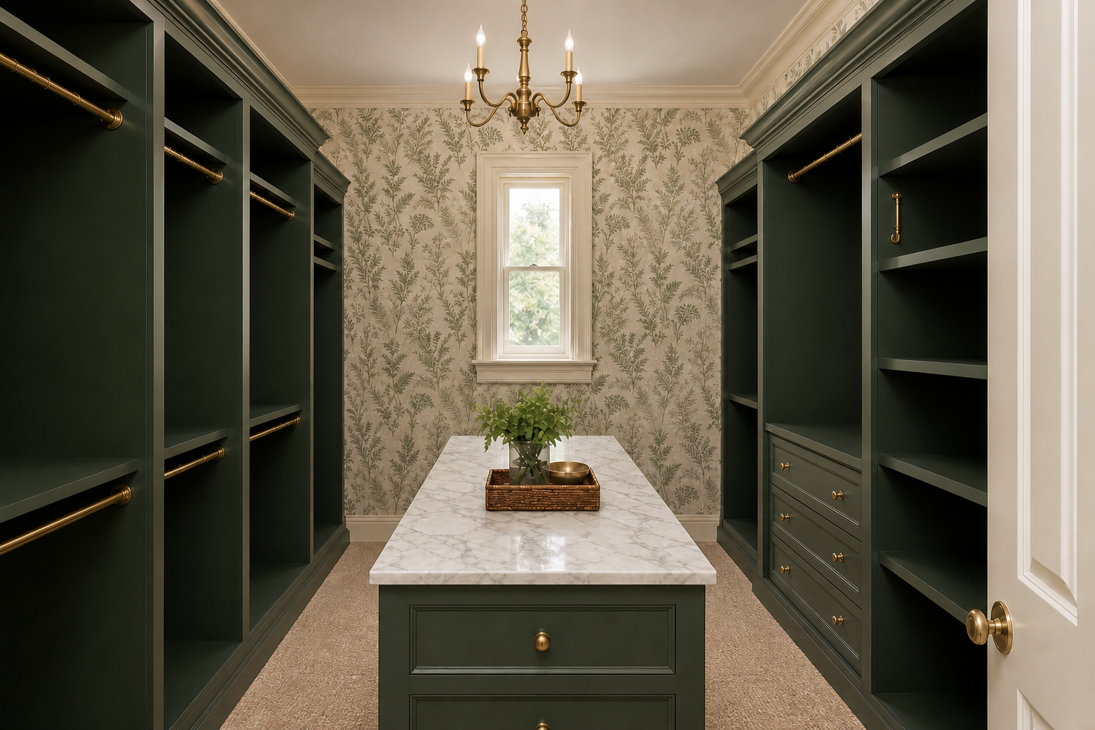 Guest walk-in closet with hunter-green built-ins, empty brass rods and shelves, marble island, and botanical wallpaper in Greenwich