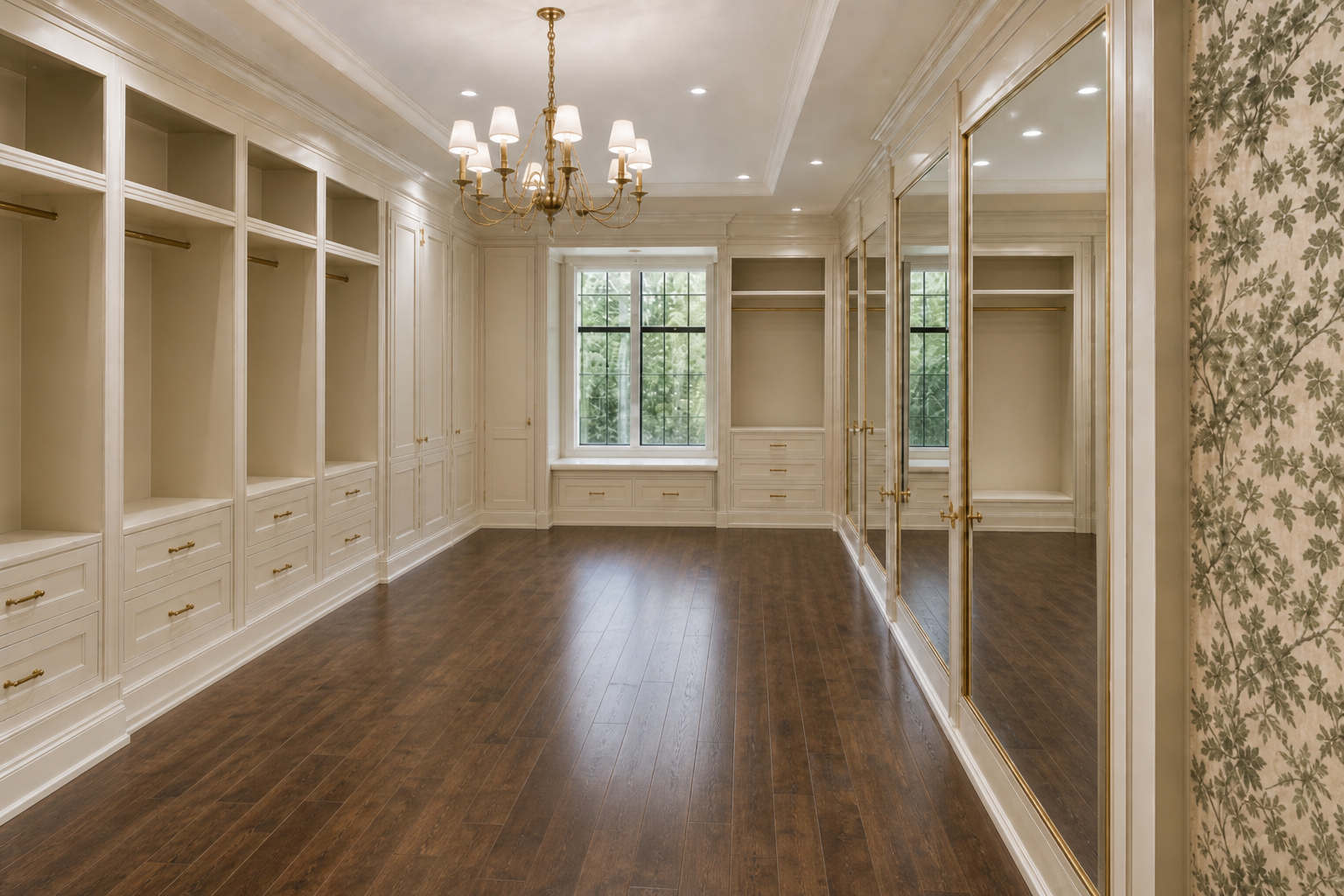 Primary walk-in closet with cream built-in cabinetry, empty brass rods and shelves, dark hardwood floors, gold-framed mirrors, window seat, brass chandelier, and botanical wallpaper accent in Greenwich