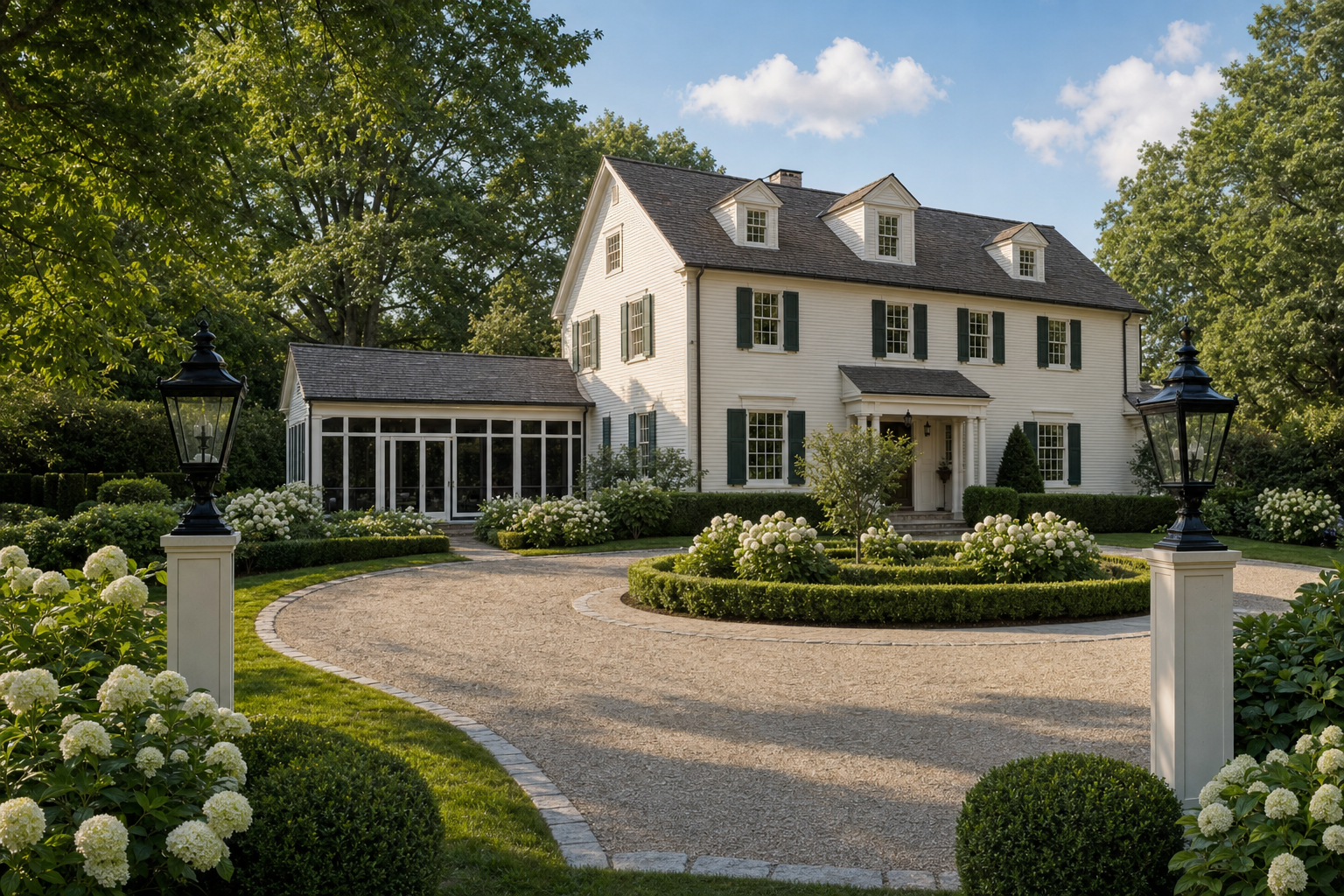 Three-quarter front-left view of Colonial Farmhouse estate with circular bluestone drive, white clapboard siding, dark shingle roof, screened porch wing, and hydrangea plantings in Greenwich
