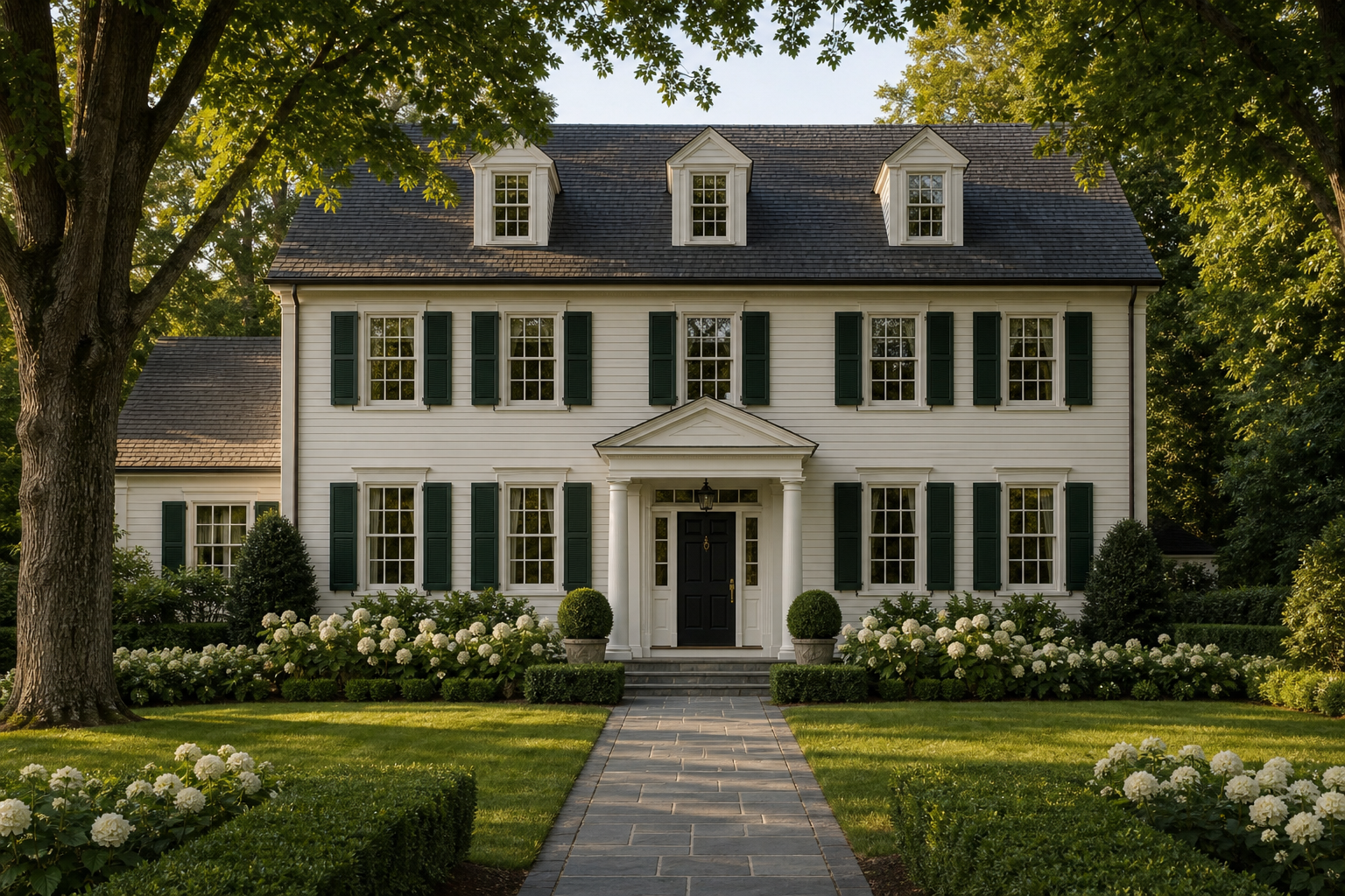Symmetrical front elevation of Colonial Farmhouse estate with white clapboard, charcoal shingle roof with dormers, columned portico, black front door, green shutters, bluestone walk, and white hydrangea borders in Greenwich