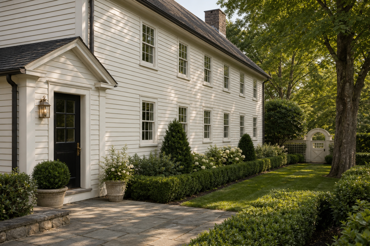 Left side elevation of white clapboard Colonial Farmhouse with brick chimney, white multi-pane windows, side entry with brass lantern, bluestone terrace, and boxwood hedge in Greenwich