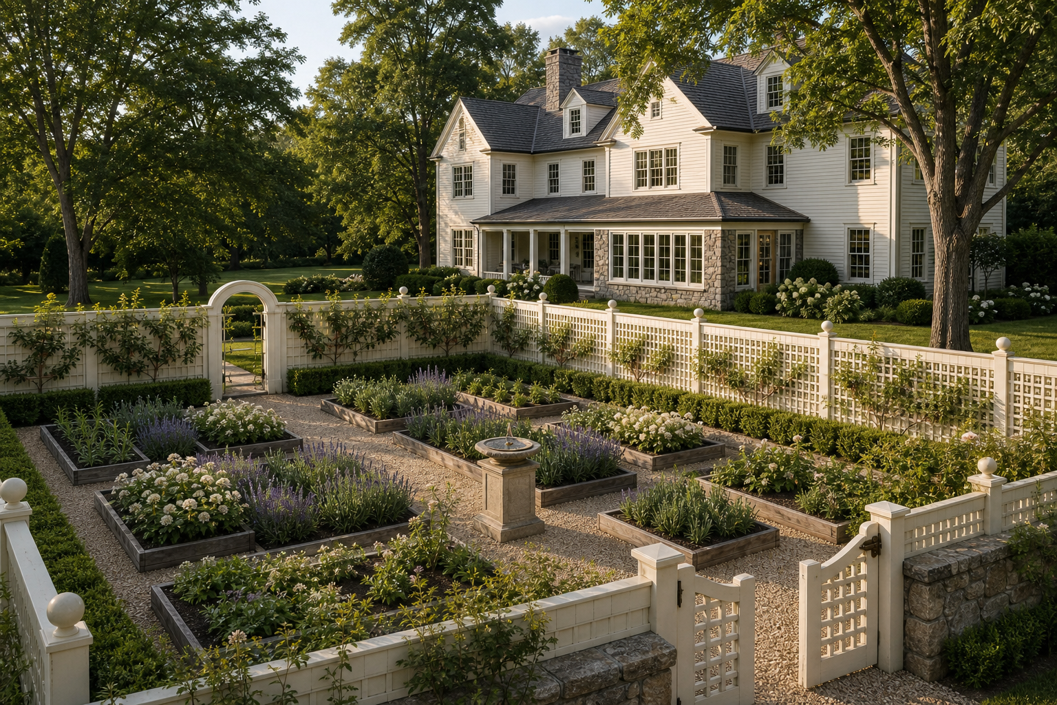 Rear three-quarter view of white clapboard estate with formal walled potager garden, white lattice fence, pea gravel paths, raised beds, espaliered fruit trees, and stone sundial in Greenwich