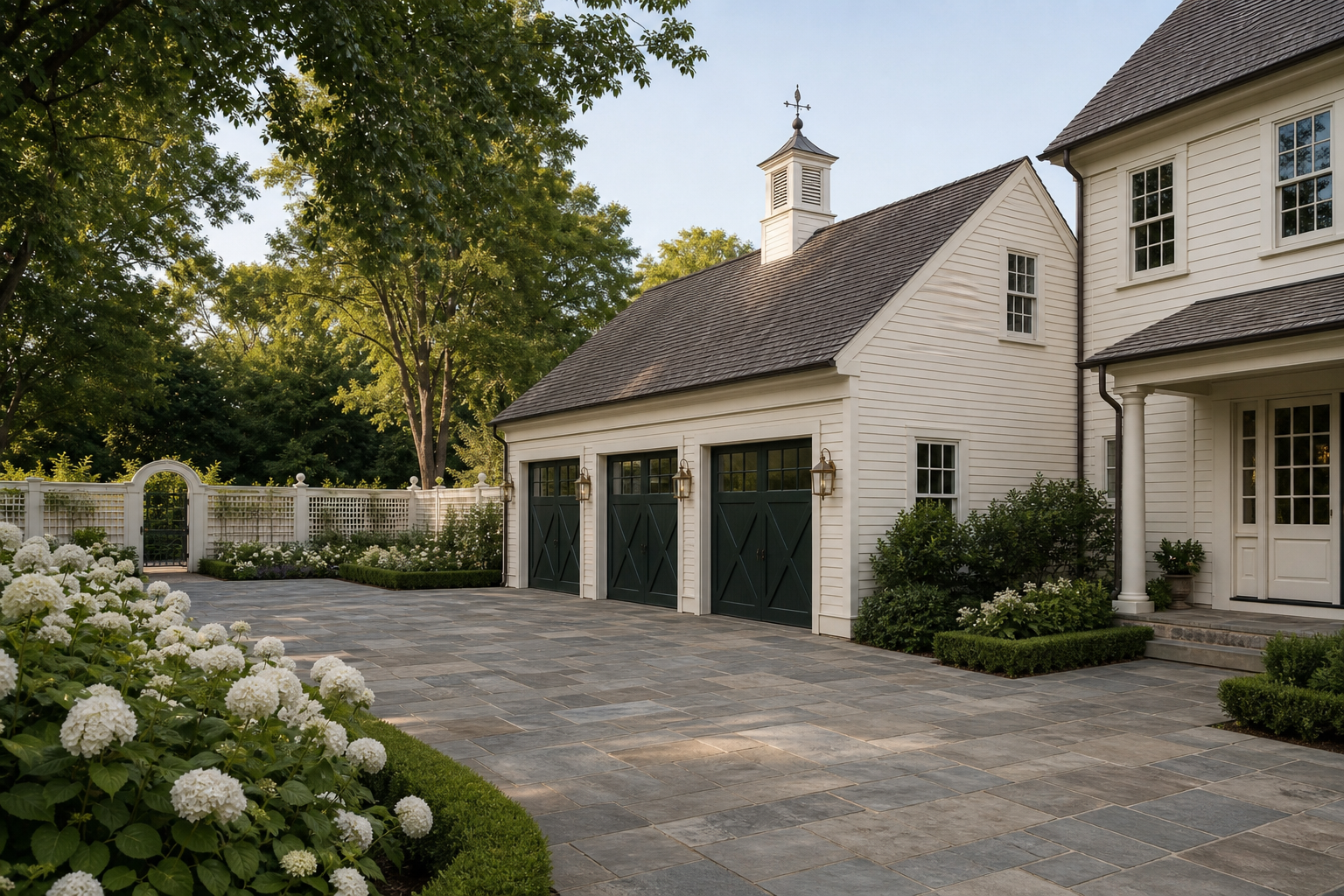 Right side elevation of Colonial Farmhouse estate connecting to three-car garage with green carriage doors, brass lanterns, bluestone drive, and walled potager garden in Greenwich