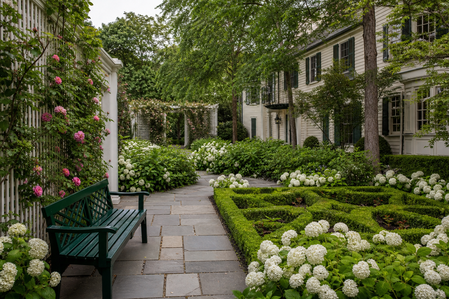 Formal garden with bluestone paths, boxwood parterres, white hydrangeas, green bench, and white clapboard estate in Greenwich