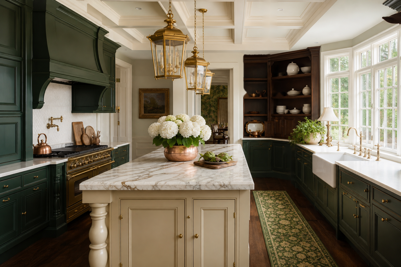 Traditional kitchen with hunter-green cabinetry, cream coffered ceiling, marble island, brass lantern pendants, farmhouse sink, and white hydrangeas in Greenwich