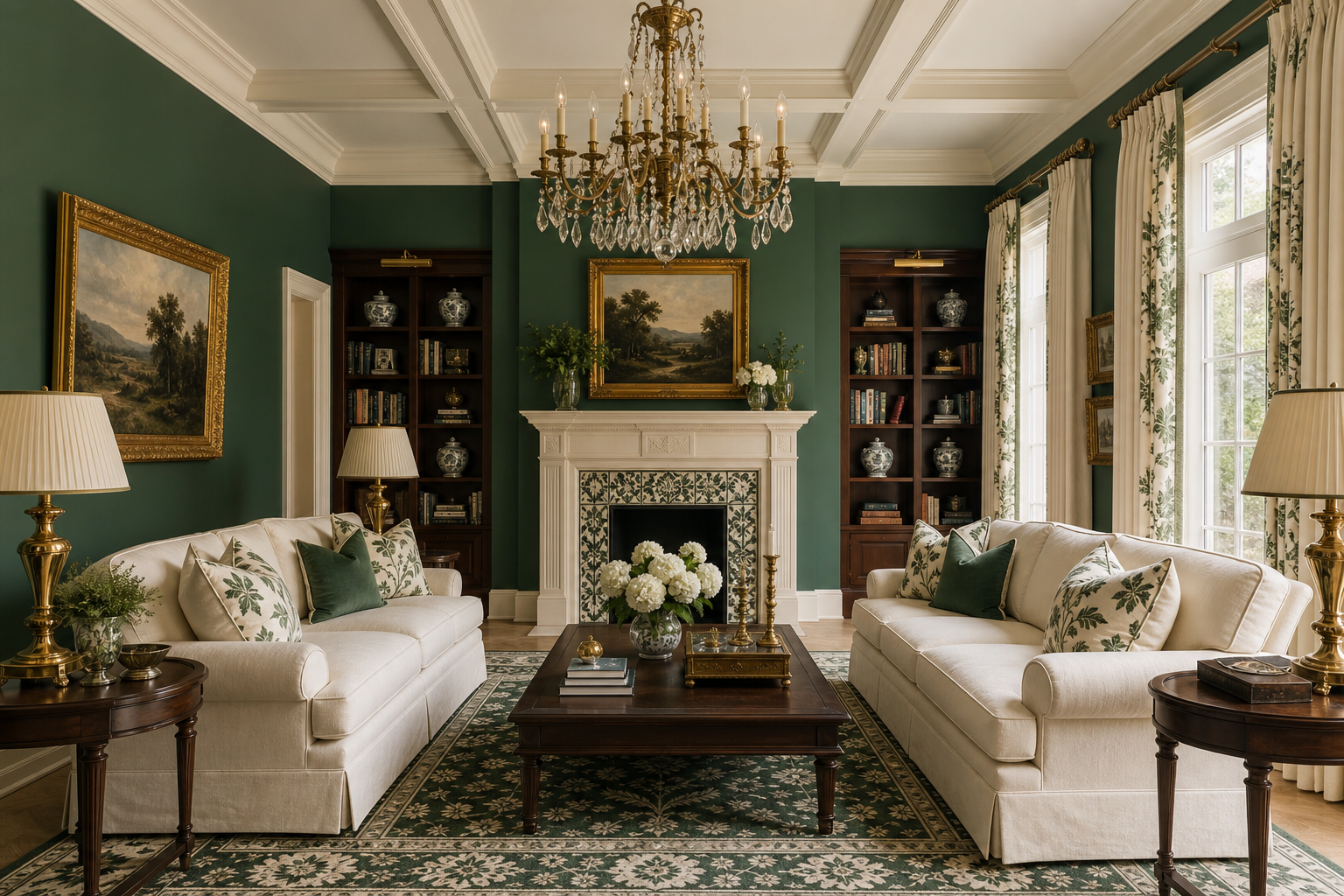 Formal living room with hunter-green walls, cream coffered ceiling, facing sofas, walnut tables, brass chandelier, marble fireplace, and botanical textiles in Greenwich