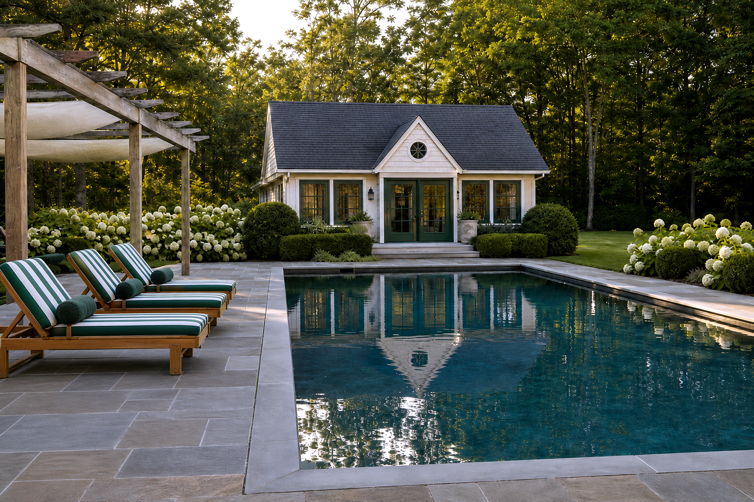Rectangular pool with bluestone coping, cream-and-green pool house, pergola, teak loungers, and hydrangea plantings at golden hour in Greenwich