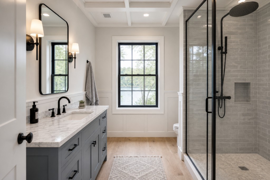 Guest bathroom with blue-gray vanity, white marble counter, matte black fixtures, black-framed window overlooking a lake, glass walk-in shower with gray subway tile, white wainscoting, coffered ceiling, and wide-plank oak floors in Westport