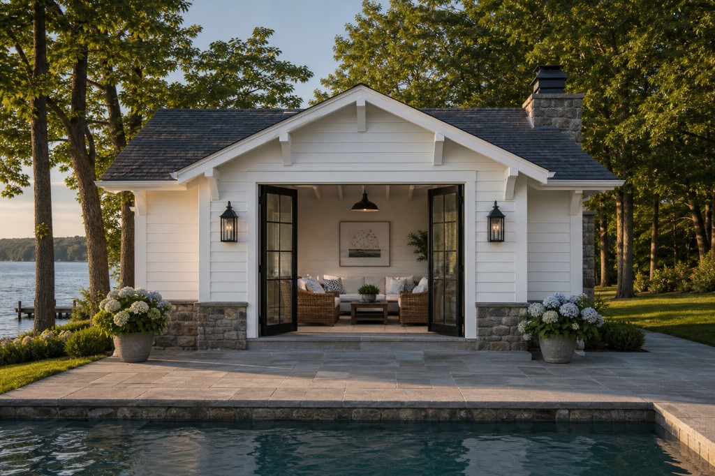 White clapboard pool cabana with fieldstone wainscoting, black-framed French doors open to lounge with wicker seating, bluestone patio, hydrangea planters, rectangular pool, lake and dock at golden hour in Westport