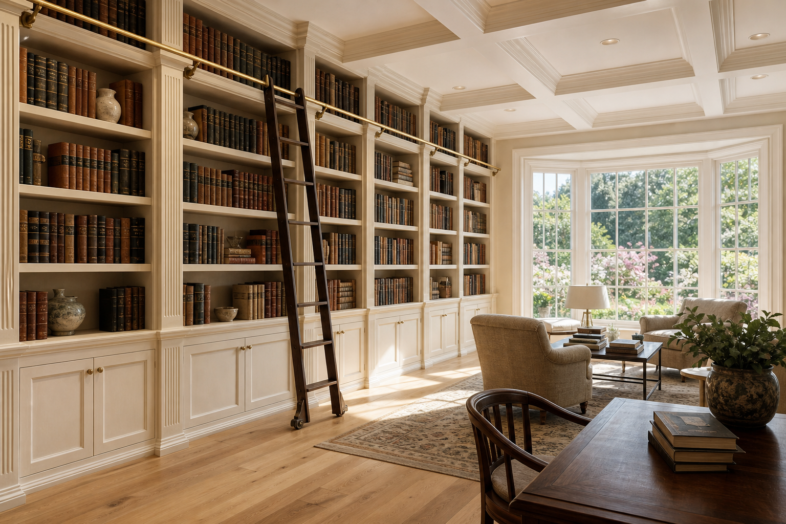 Home library with cream floor-to-ceiling built-ins, fluted pilasters, bay window, and walnut rolling ladder on brass rail in Fairfield