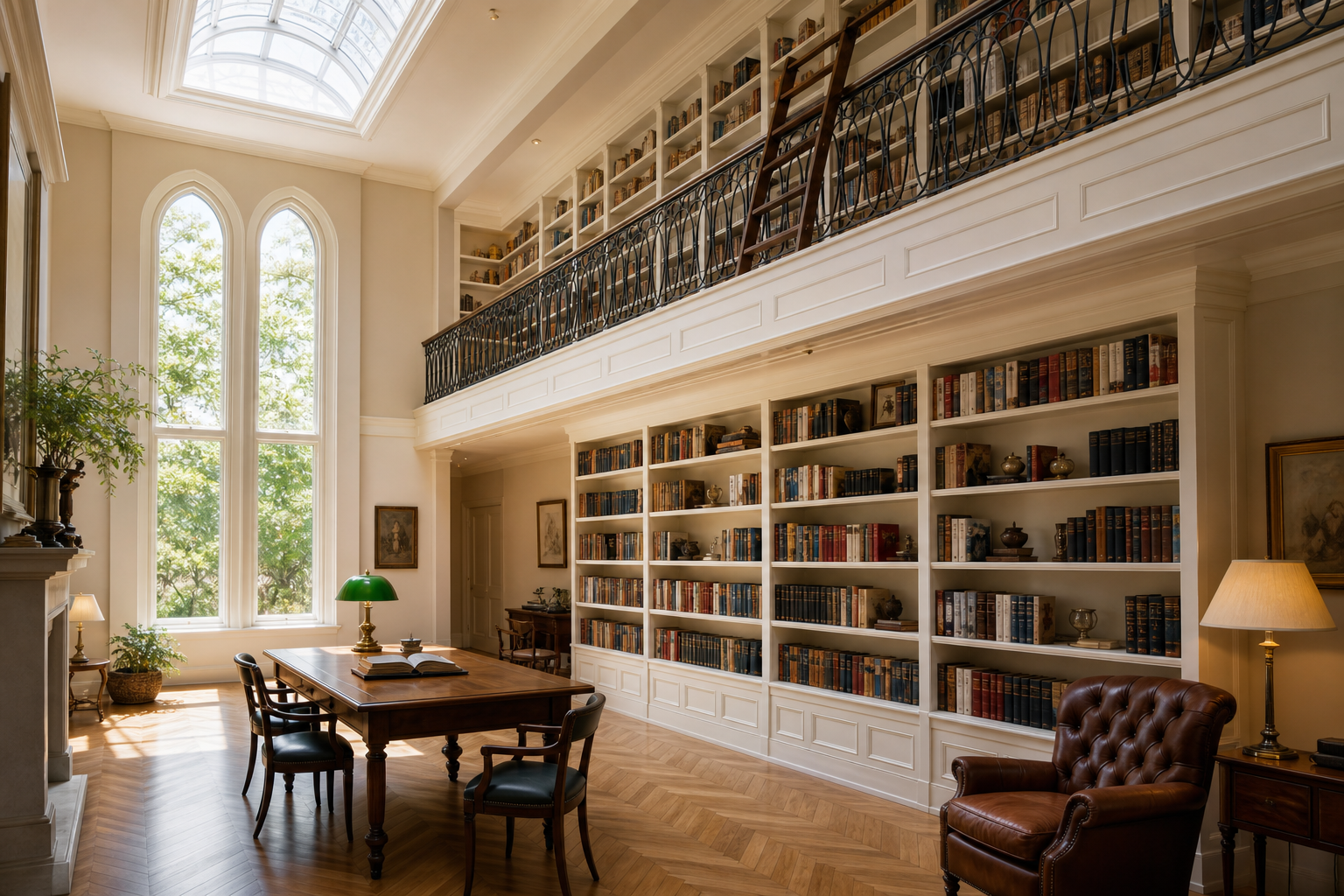 Two-story home library with mezzanine gallery, white built-in shelving, skylight, and iron railing in Fairfield