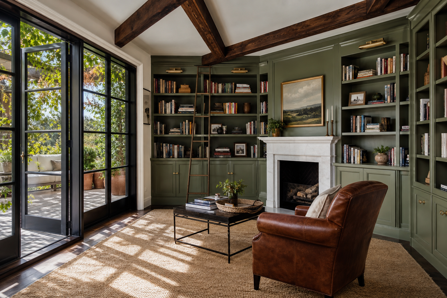 Corner home library with sage green built-ins, marble fireplace, and French doors opening to a sunlit terrace in Fairfield