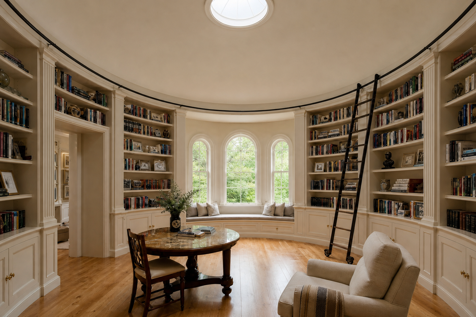 Octagonal home library with curved off-white bookshelves, central oculus skylight, and window seat in Fairfield