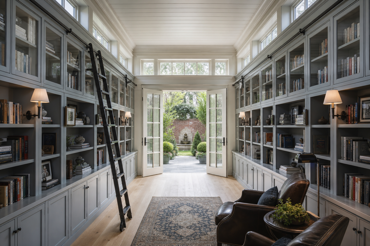 Gallery home library with pale gray-blue built-ins, clerestory transoms, French doors, and rolling ladder in Fairfield
