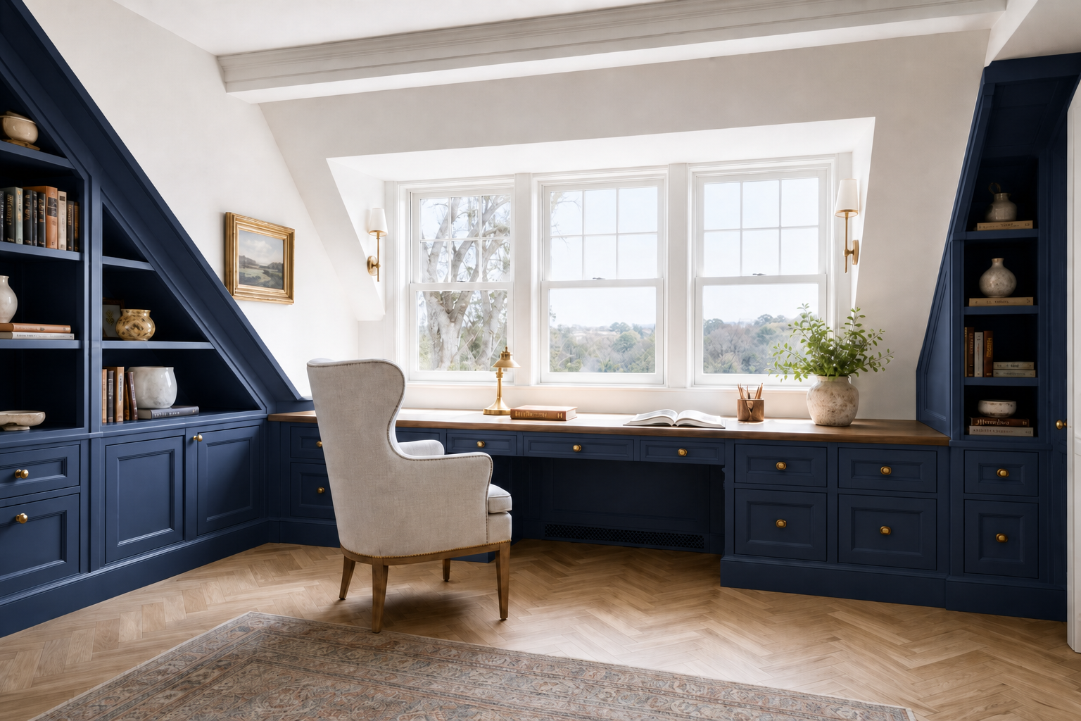 Attic home office with dormer windows, whitewashed oak built-in desk, navy blue cabinetry, and herringbone oak floor in New Canaan
