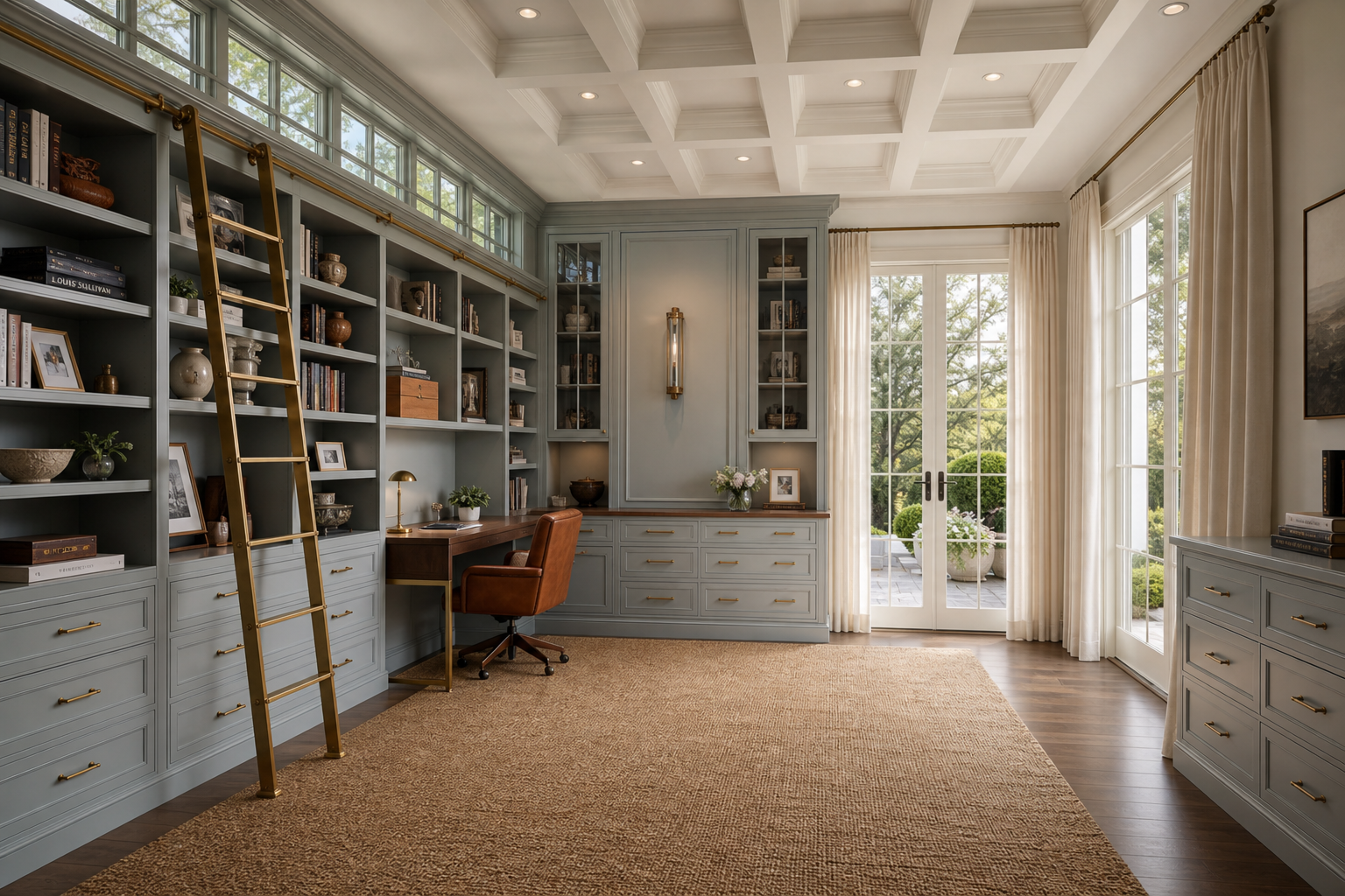 L-shaped home office with pale gray-blue built-ins, corner built-in walnut desk, brass ladder, clerestory transoms, and French doors to garden in New Canaan