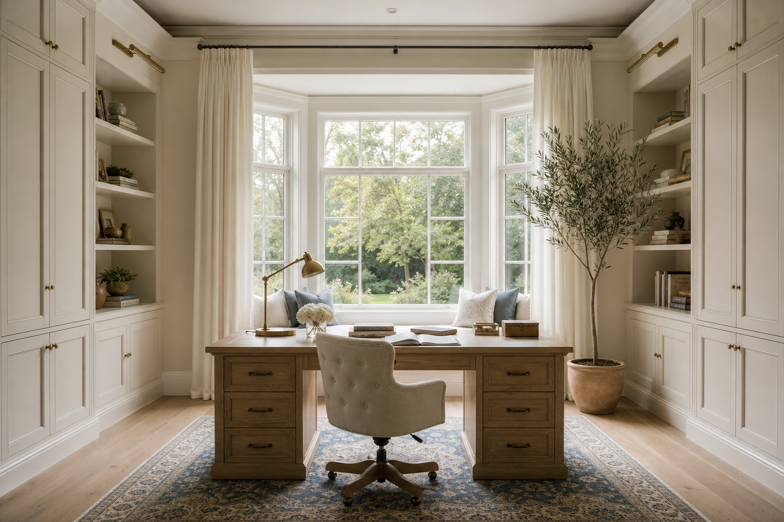 Garden-facing home office with deep bay window seat, cream built-ins, light walnut desk, bleached oak floor, and abundant daylight in New Canaan