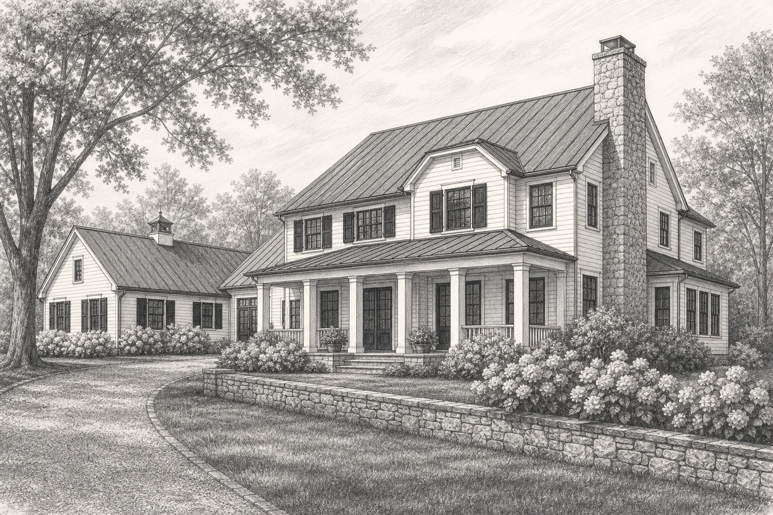Pencil perspective study of a modern farmhouse with white clapboard, charcoal metal roof, fieldstone chimney, front porch columns, and estate landscaping in Greenwich